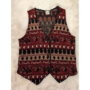 Circus Brand Vintage Boho Vest Ethnic Pattern Burgundy Black‎ Tan Button-Front